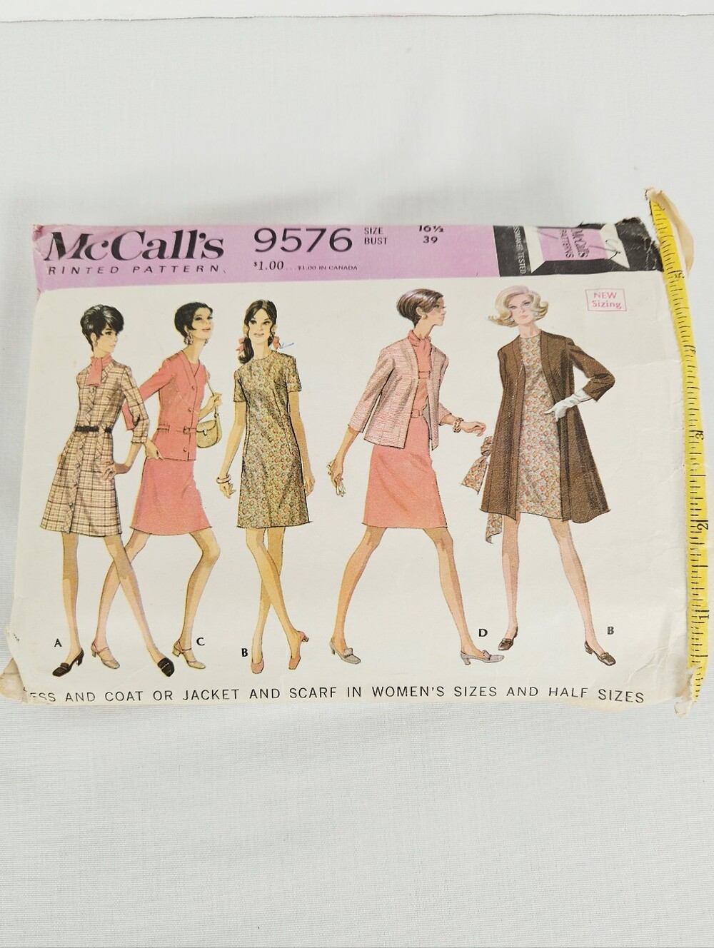 Vintage 1968 McCall's 9576 Dress Coat Jacket Scarf Pattern 16.5 Bust 39